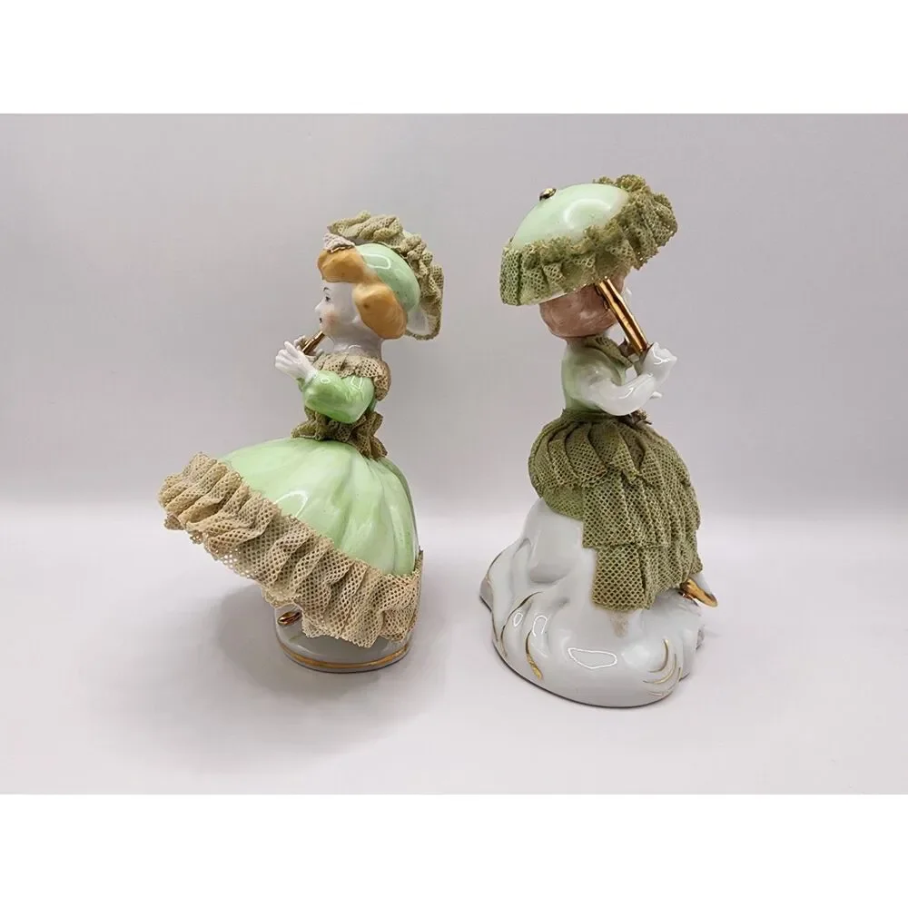 Vintage Porcelain Lace Lady Figurines Pair Green Parasols Wales Japan 5 inches